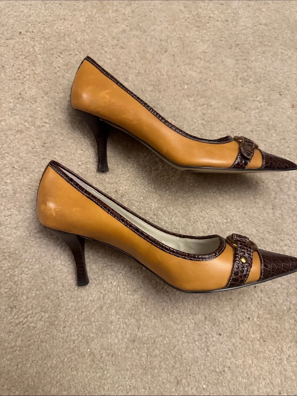 Anne Klein Mustard Yellow & Dark Brown Croc-Trim Pointed-Toe Pumps